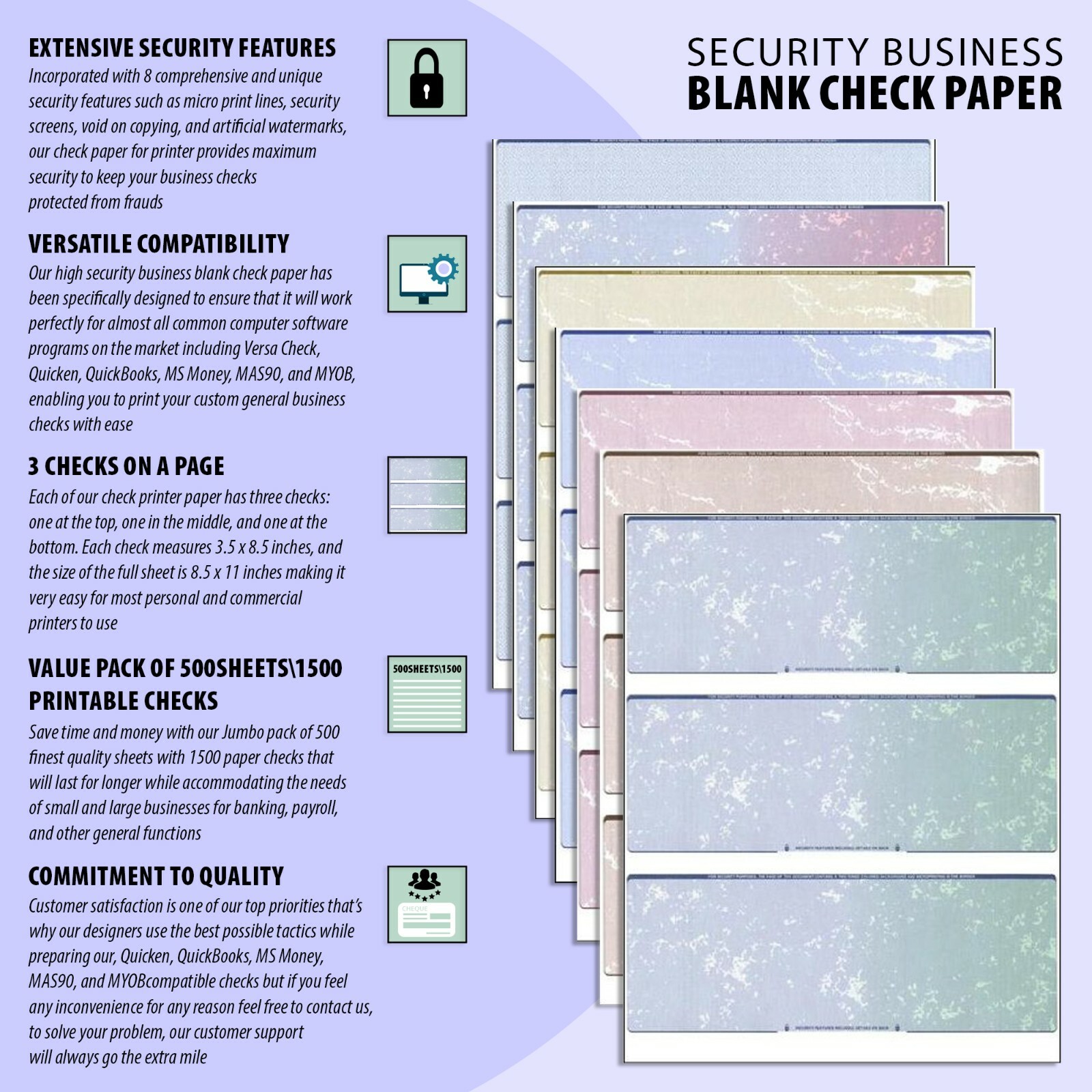 500 Blank Check Stock Paper – 3 on a Page Business – Green Marble