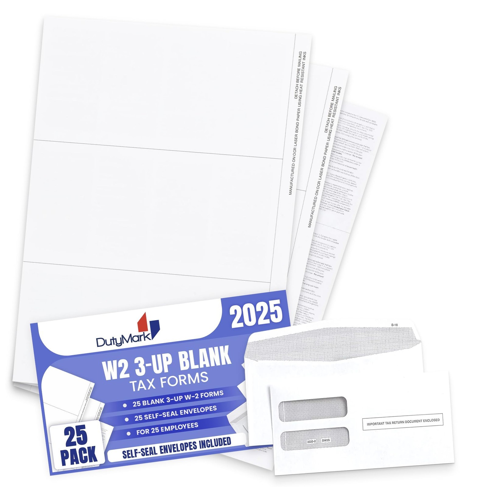 W2 Forms Blank 3 Up Tax Forms 2025 with Envelopes, Perforated Paper With Back