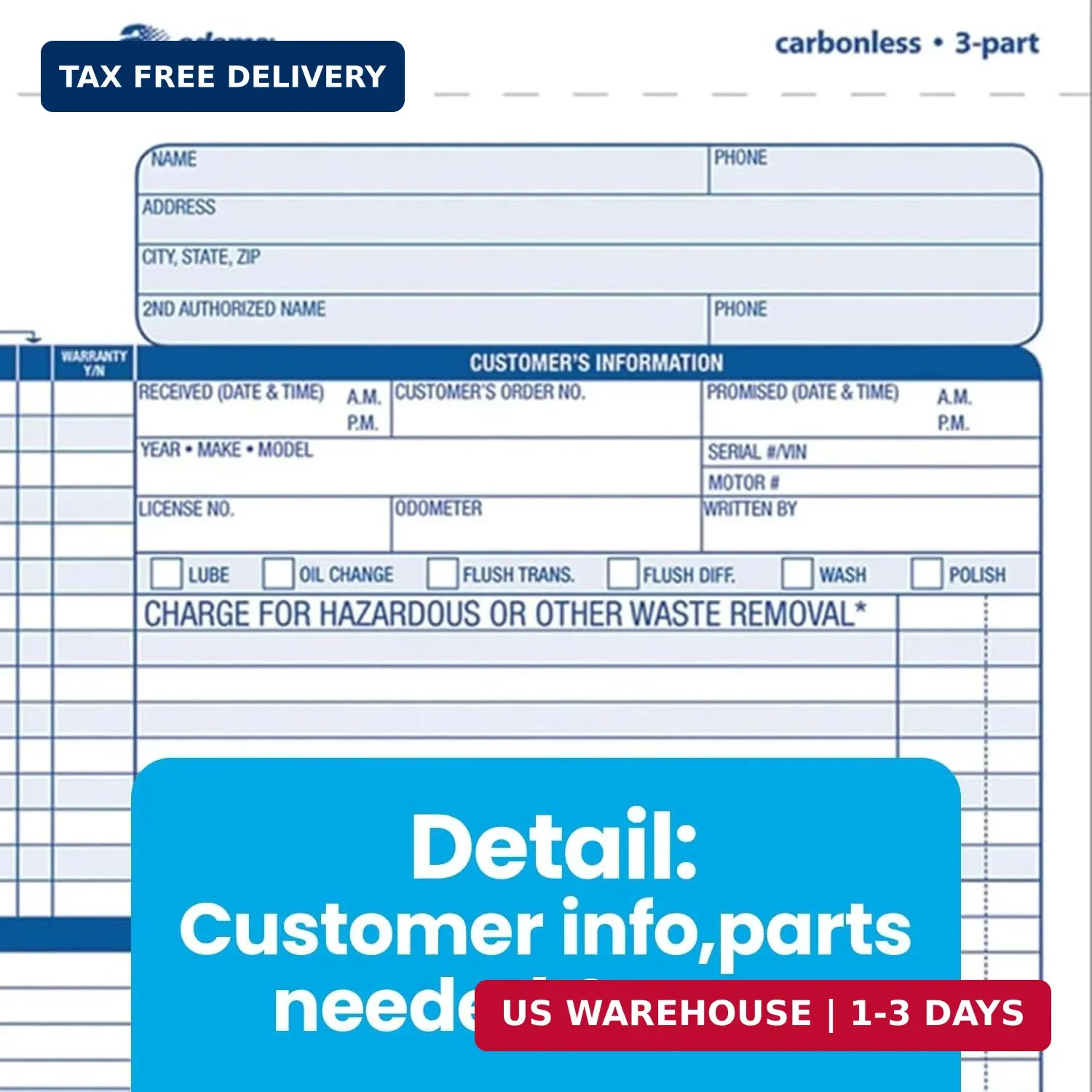 Adams Auto Repair Order Forms, 8.5 X 7.44, 3-Part, Carbonless, 50-Pack (GT3870)