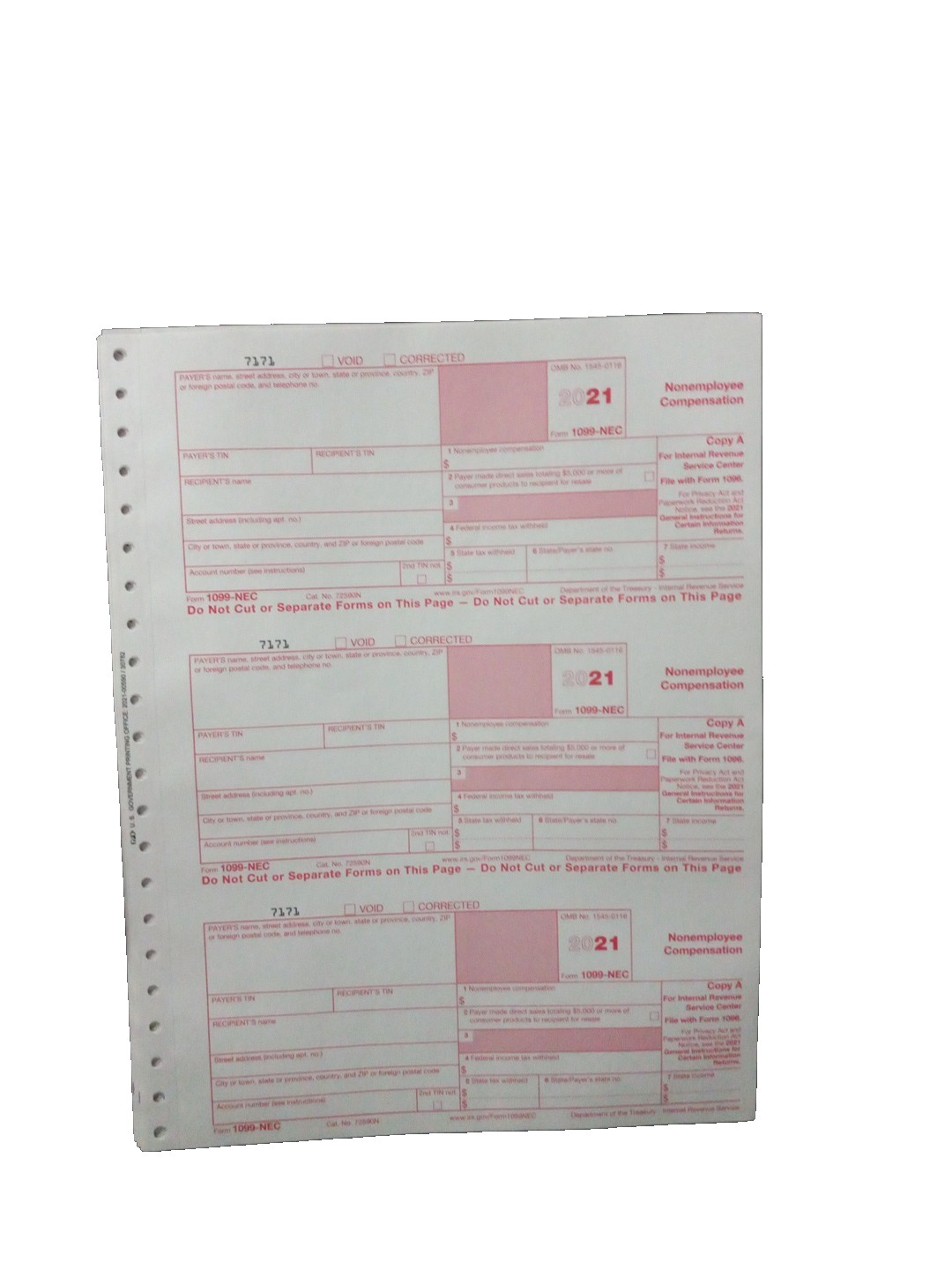 2021 IRS Tax Form 1099-NEC Carbonless – 12 Recipients – No Envelopes