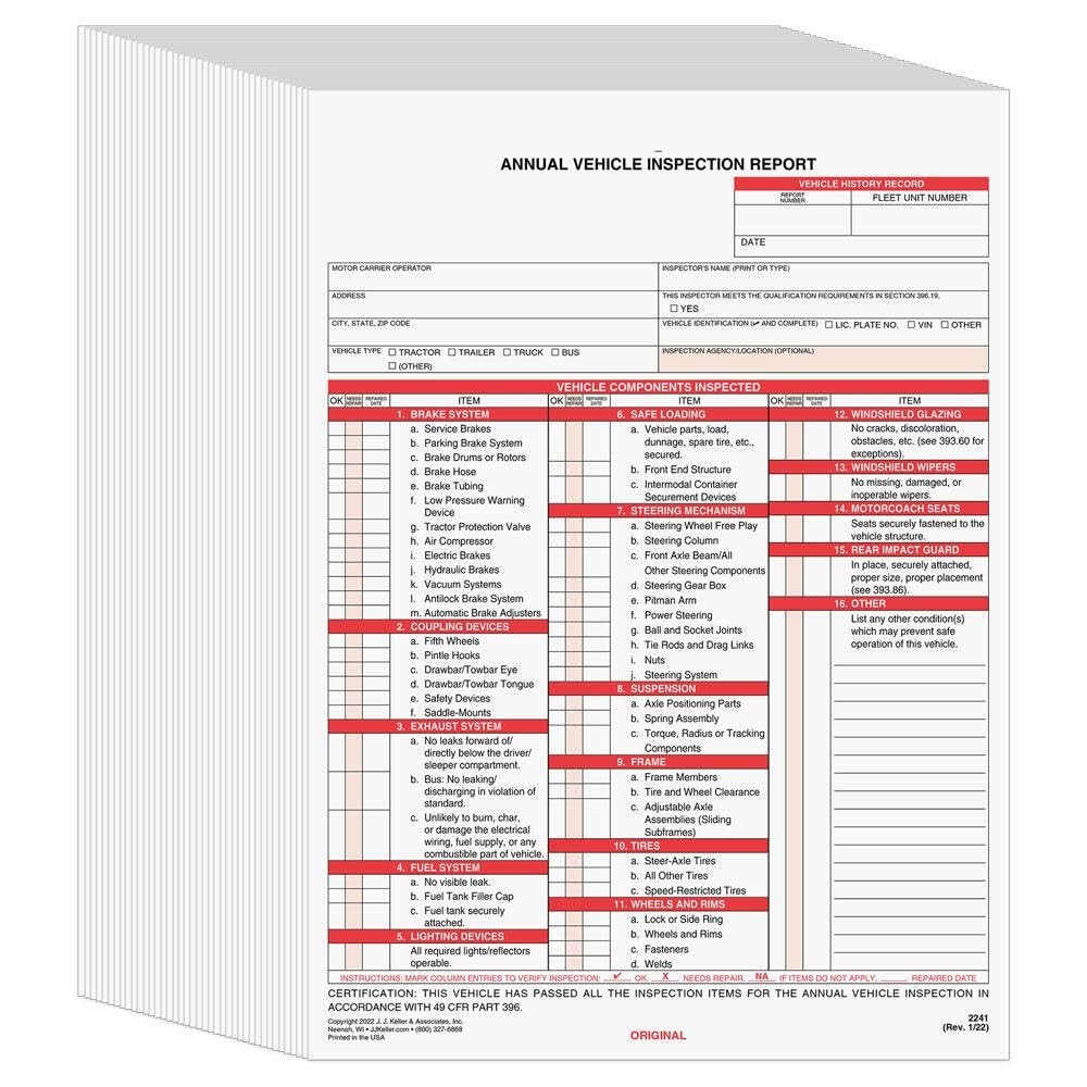 50-Pack Annual Vehicle Inspection Report Forms, Carbon 3-Ply Snap-Out, DOT Compl