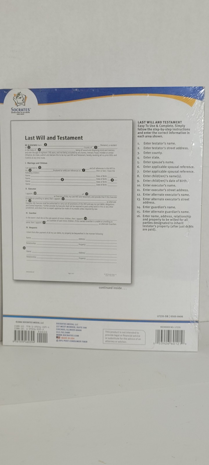 Factory Sealed Last Will and Testament Forms Kit LF235 Socrates Media