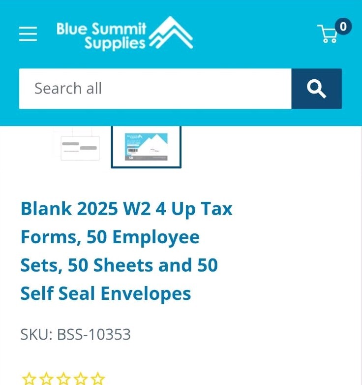 Blue Summit Supplies Blank W-2 4-Up Tax Forms 50 Pack w/ Envelopes New