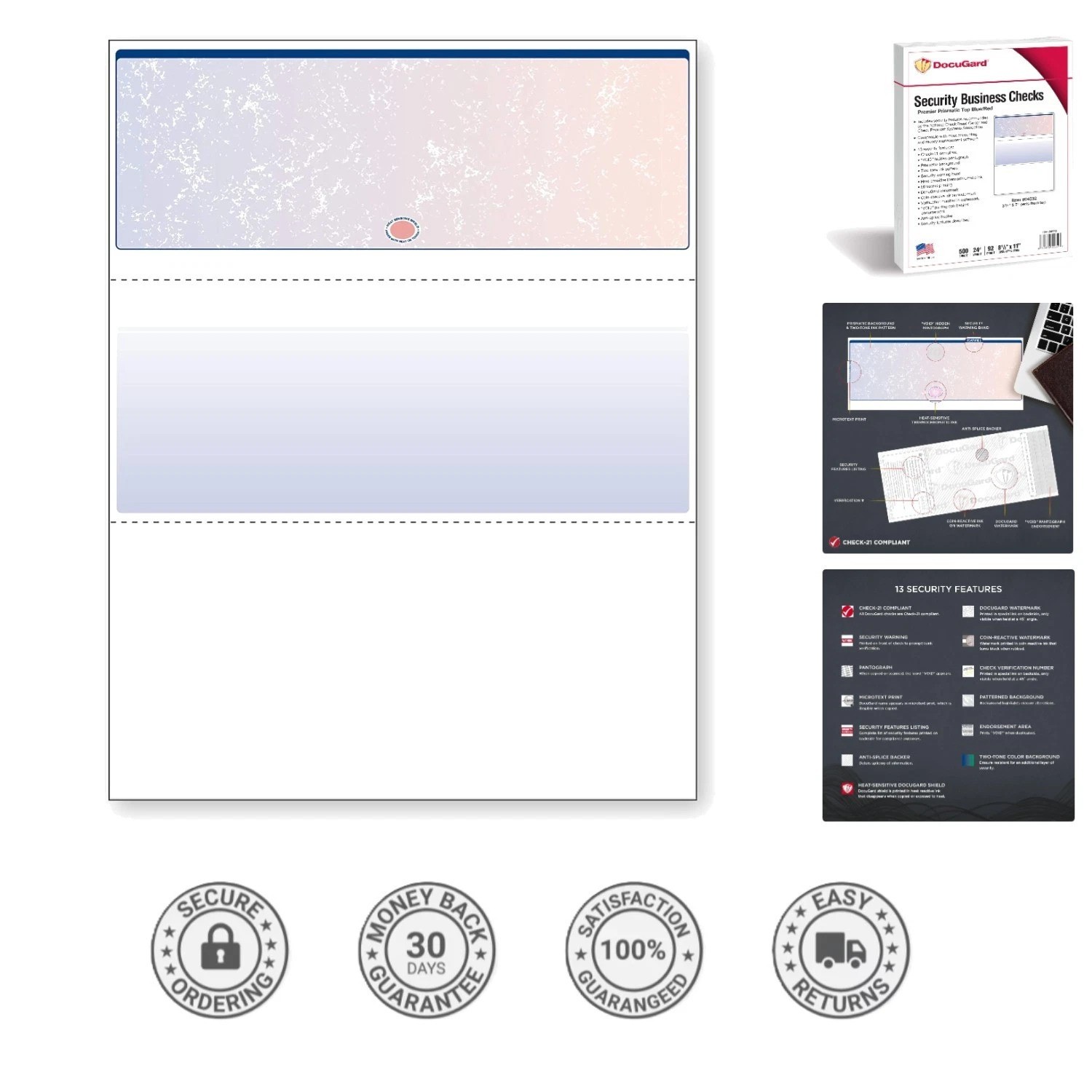 500 Blank High-Security Business Checks – 24 lb. Blue/Red Paper, ANSI Approved