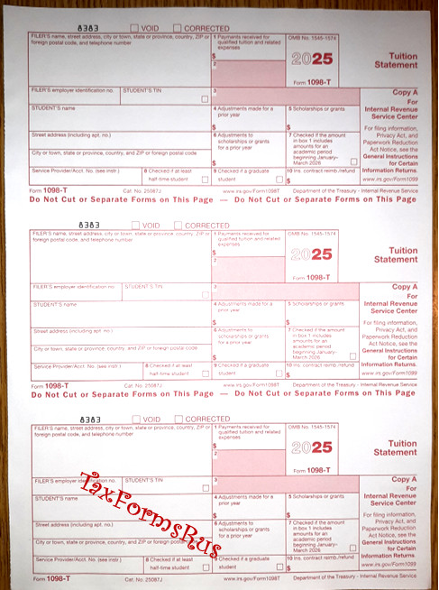 2025 IRS Tax Form 1098-T single sheet set for 3 students, NONcarbonless 2pt, 3up