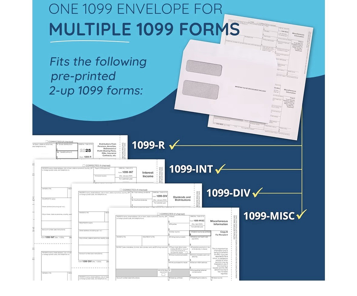 50 count Blue Summit 1099 Form Envelopes 5/8 Inch x 9 Inch, Gummed Flap