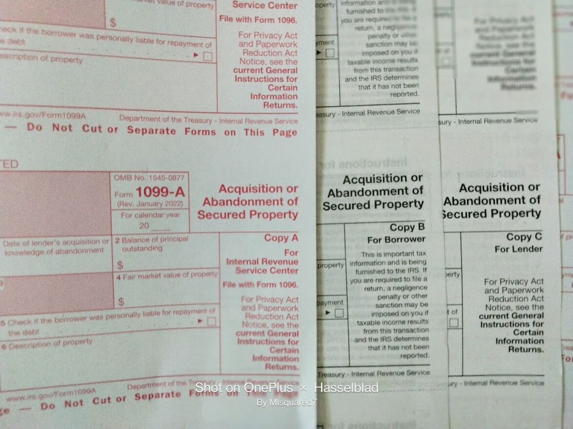 5 SHEETS 1099-A Acquisition/Abandon of Sec Prop & 1096 Transmittal Forms