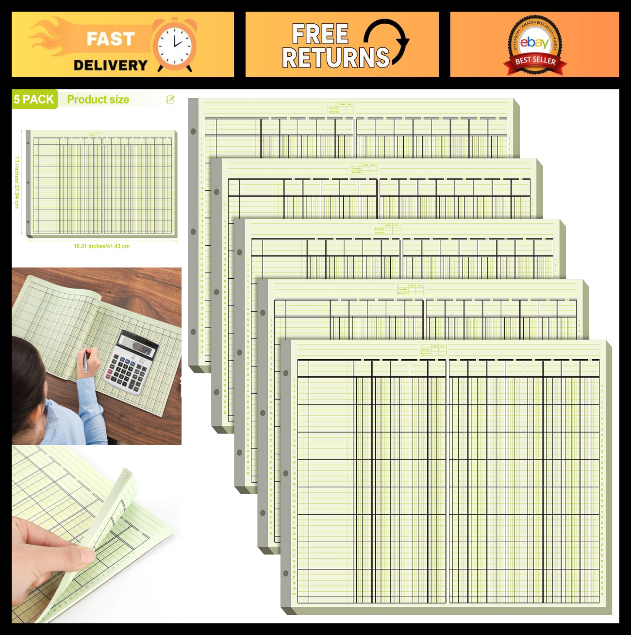 5 Pack Columnar Accounting Ledger Books – 250 Sheets, 13 Columns, 3-Hole, Green