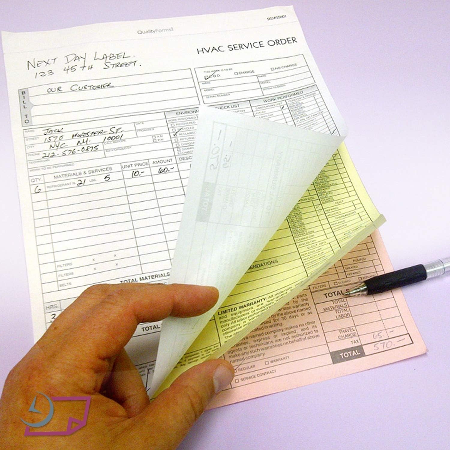 HVAC Service Order Invoice 3-Part Carbonless Forms – 100 Sets, No Company Name