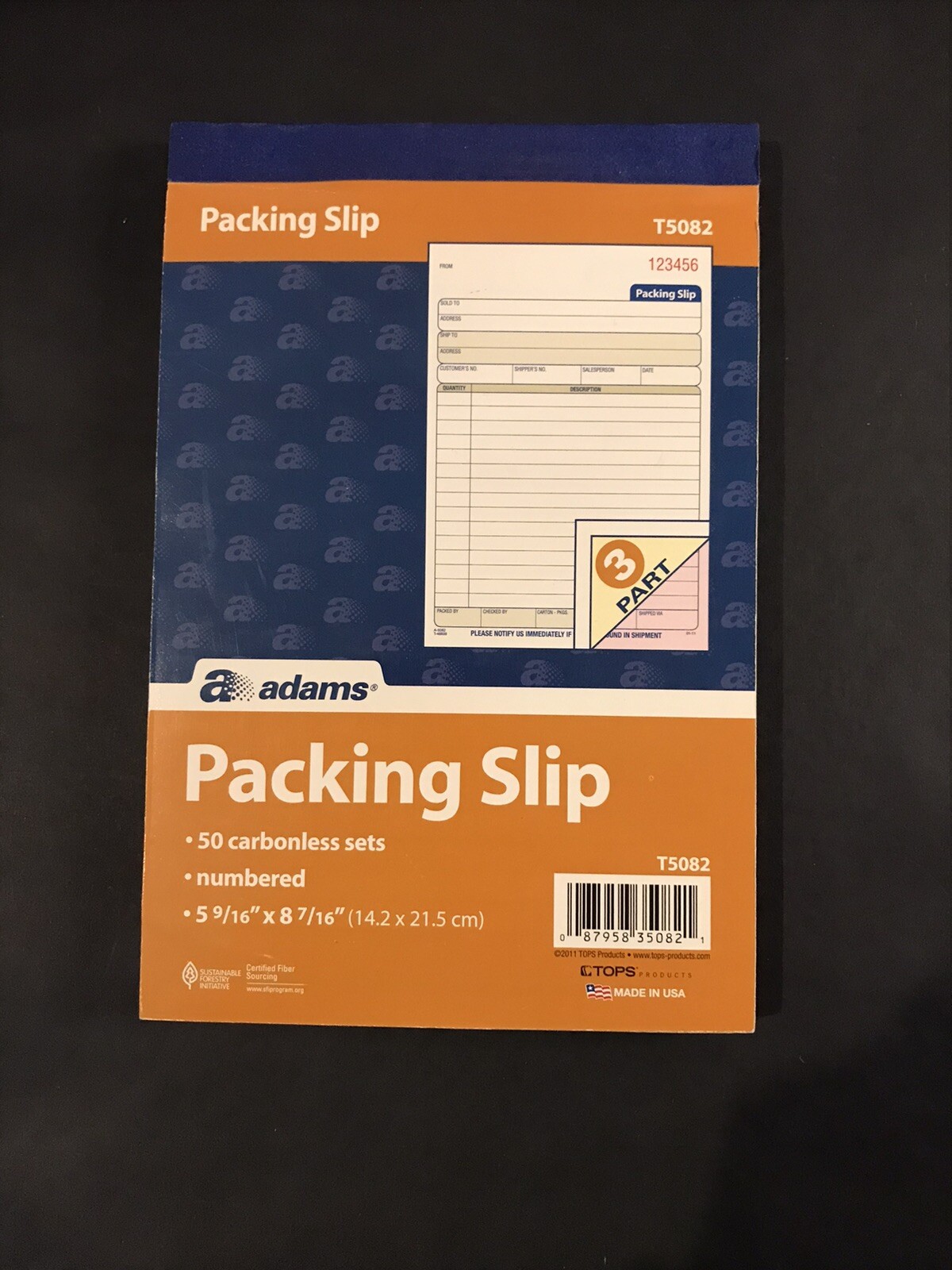 Adams Packing Slip Book 3-Part 50 Carbonless Sets 5.9/16” x 7-5/16” Numbered
