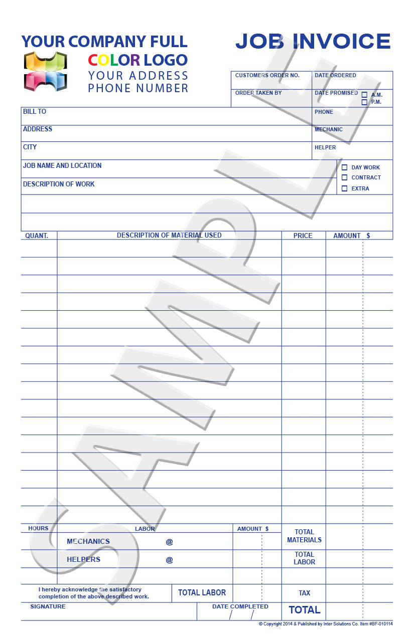 100 Color Custom Carbonless Form/Invoice HVAC Service, Rapair, Cleaning Job