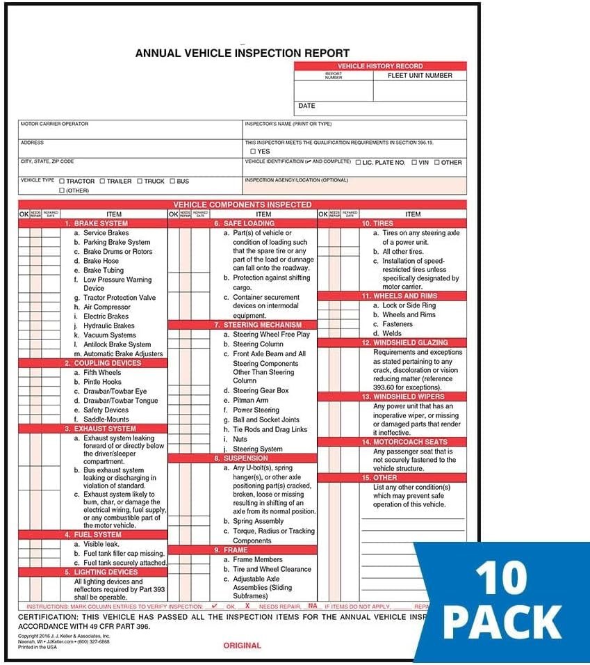 High-Quality 10-Pack Carbonless Vehicle Inspection Forms – Meet DOT Standards