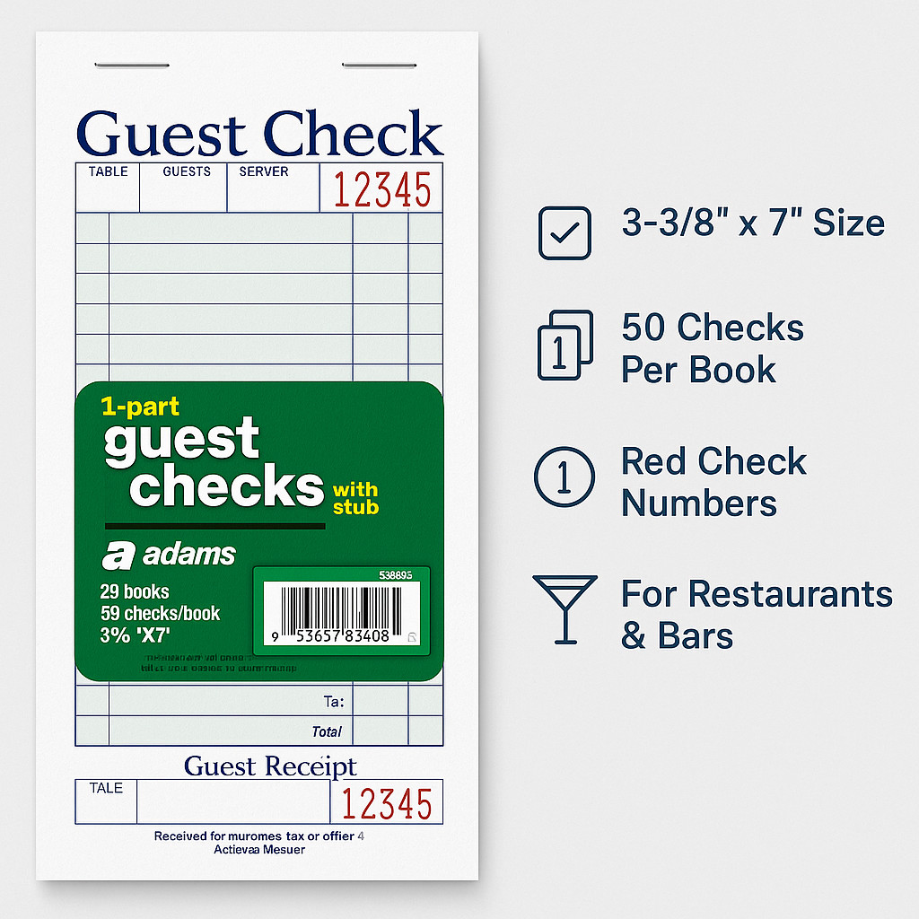 Adams Guest Checks w/ Stub 3-3/8×7 – 20/40/100 Books Options (50 Sheets Each)