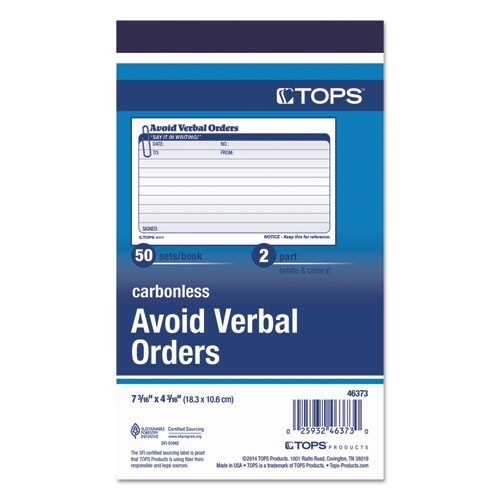 TOPS Avoid Verbal Orders Manifold Book, Two-Part Carbonless, 6.25×4.25, 50 Forms