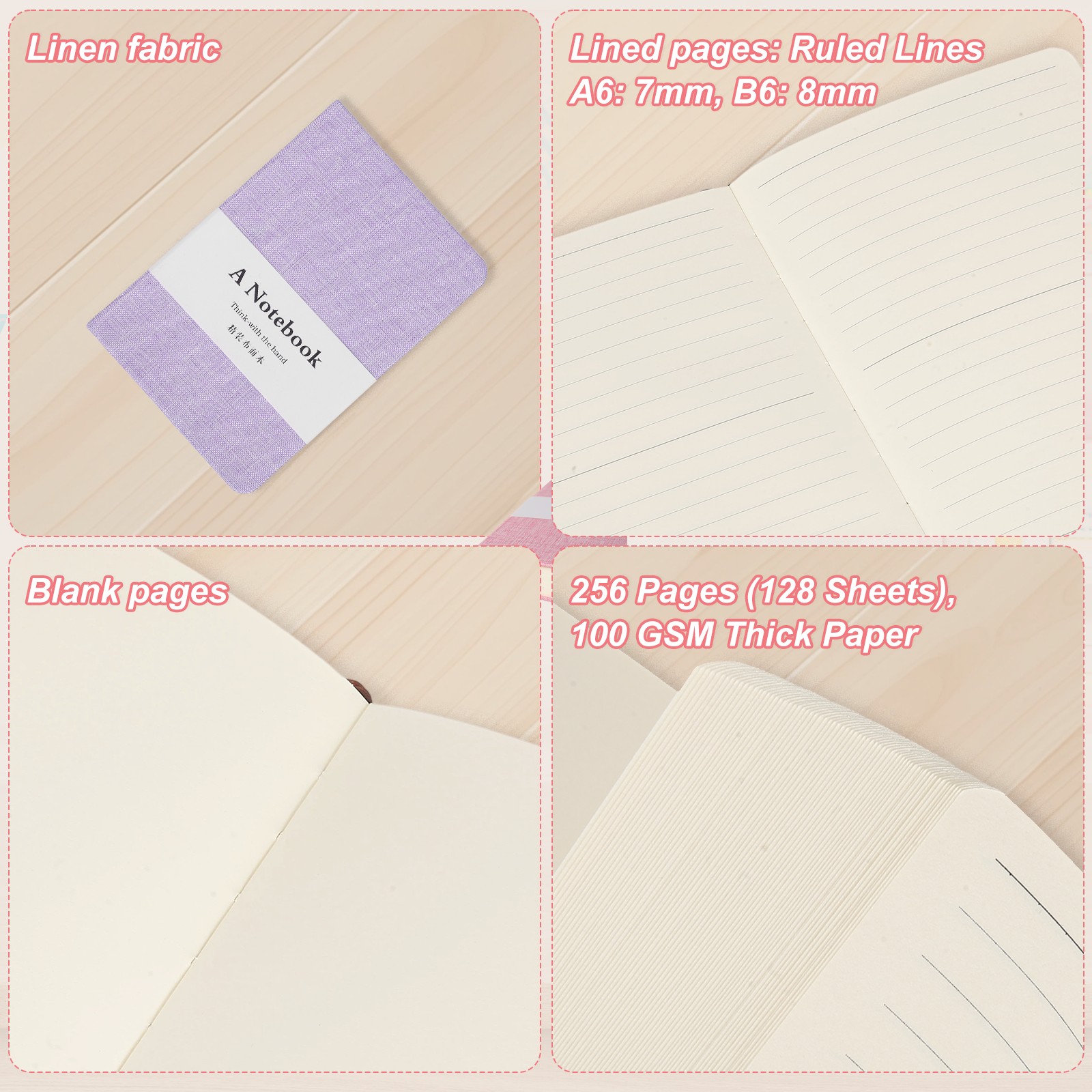 Linen Journal Notebook, 256 Pages 100 Gsm A6（3.9×5.7） Hardcover (Purple)