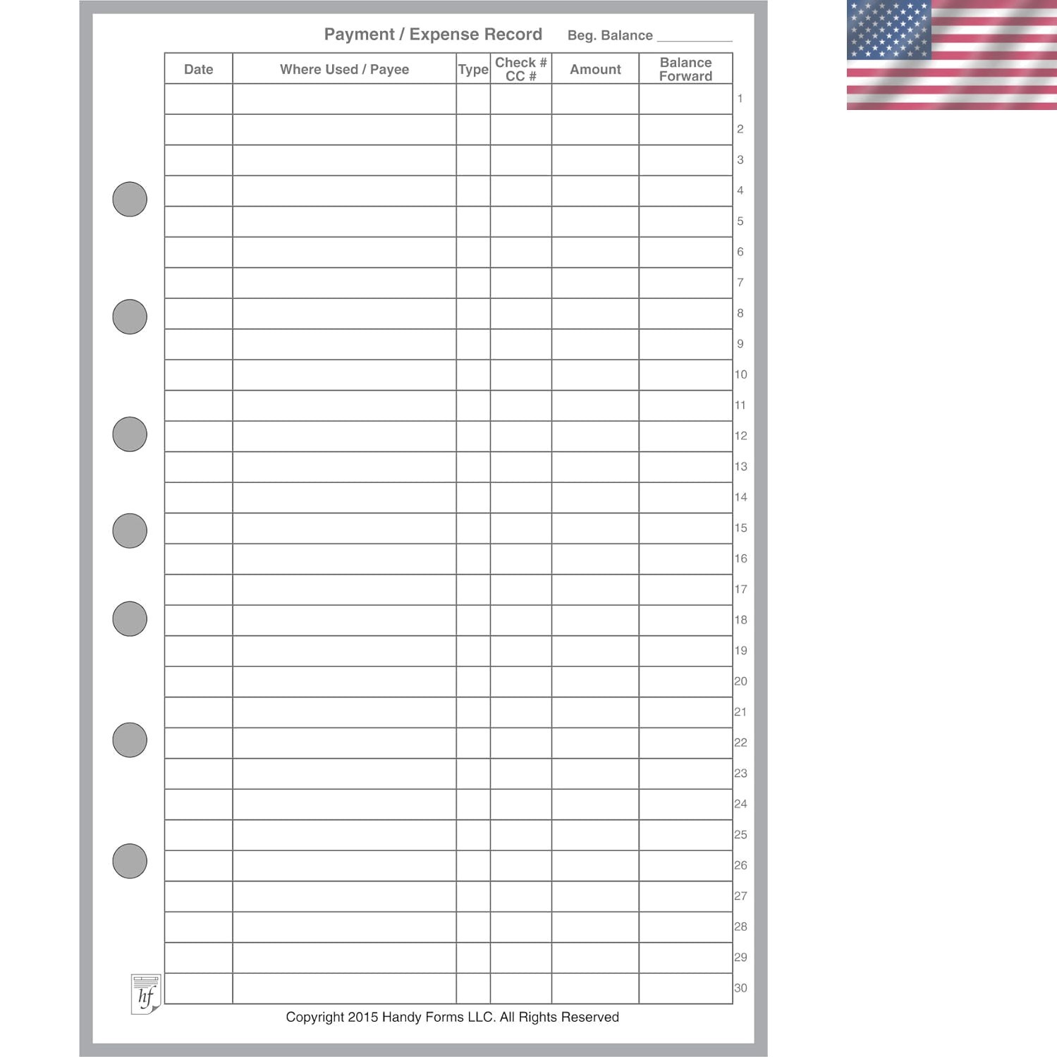 Classic Size Payment/Expense Record and Check Register, Sized and Punched wit…