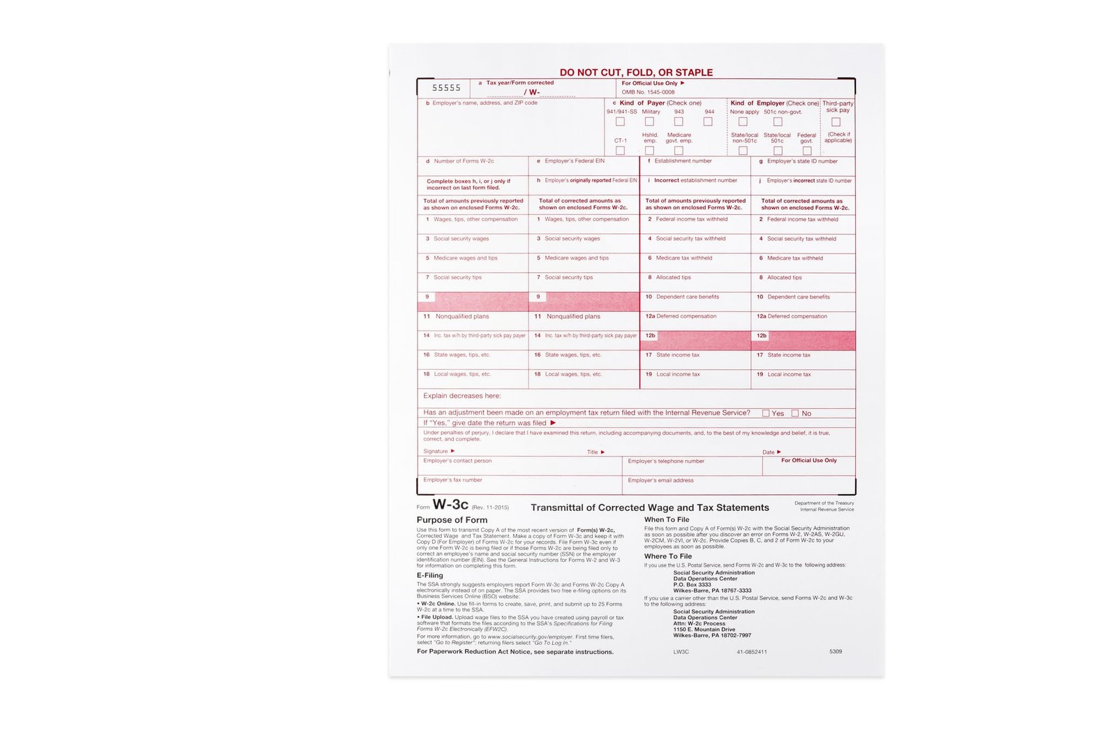 W-3C Transmittal of Corrected Income Laser Tax Form Wage Correction Form