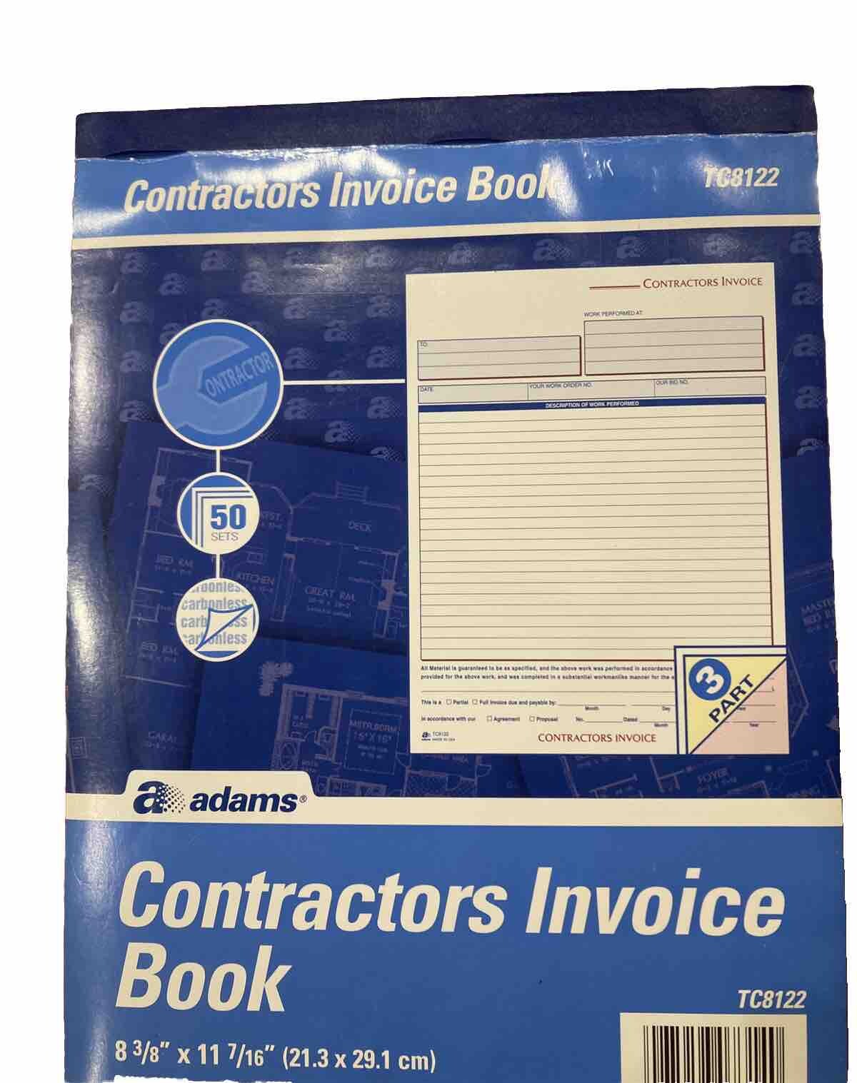 Adams Contractor Invoice Book, 8 3/8 “ X 11 7/16 “ 3-Part, Carbonless, Preowned