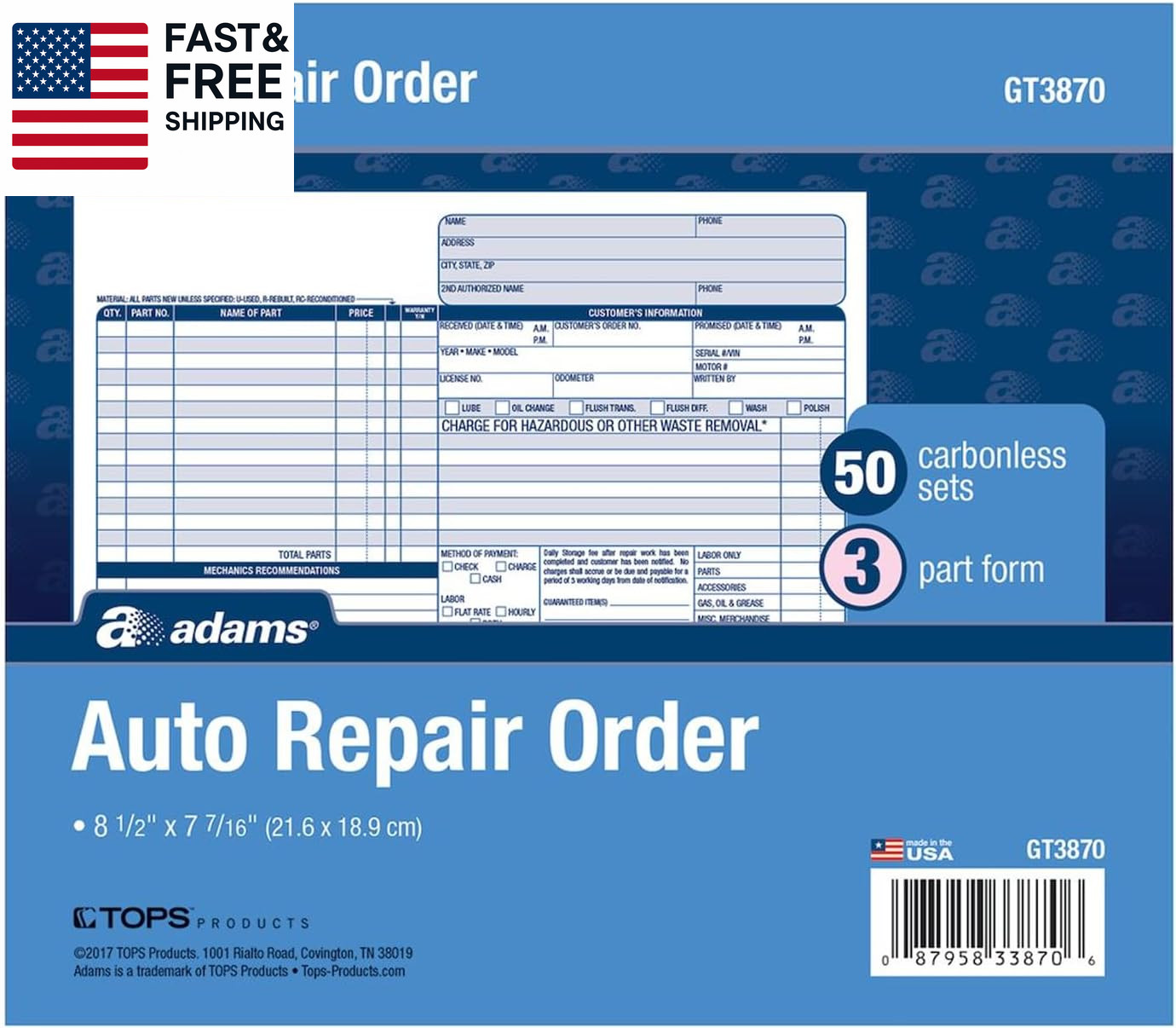 Auto Repair Order Forms, 8.5 X 7.44 Inch, 3-Part, Carbonless, 50-Pack, White