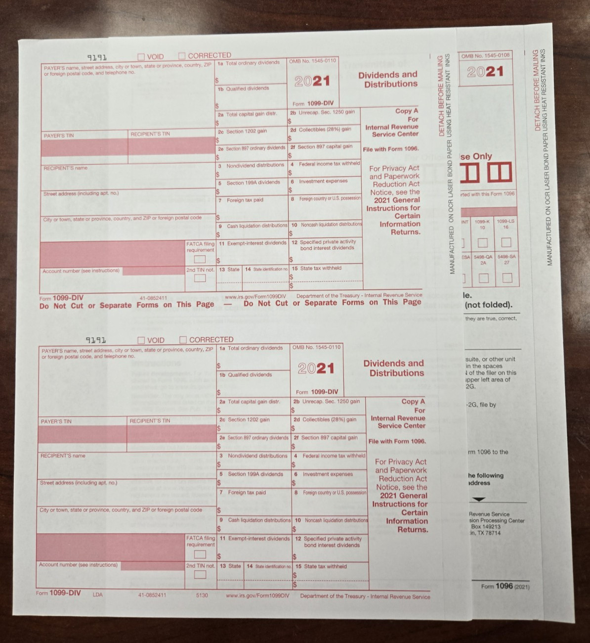 2021 IRS Tax Form 1099-DIV – 2 Recipients COPY A + (1) 1096 – No Envelopes