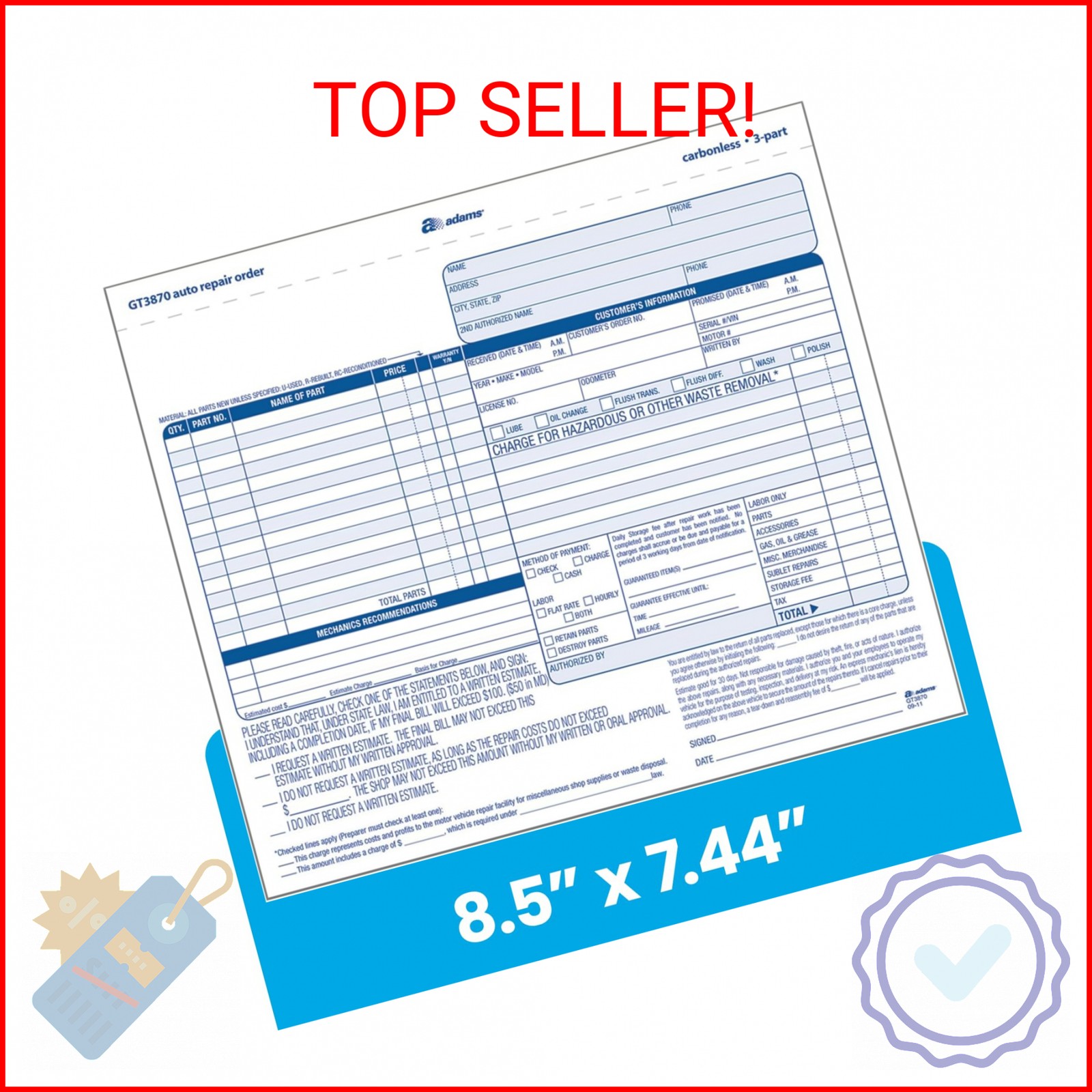 Adams Auto Repair Order Forms, 8.5 x 7.44 Inch, 3-Part, Carbonless, 50-Pack, Whi