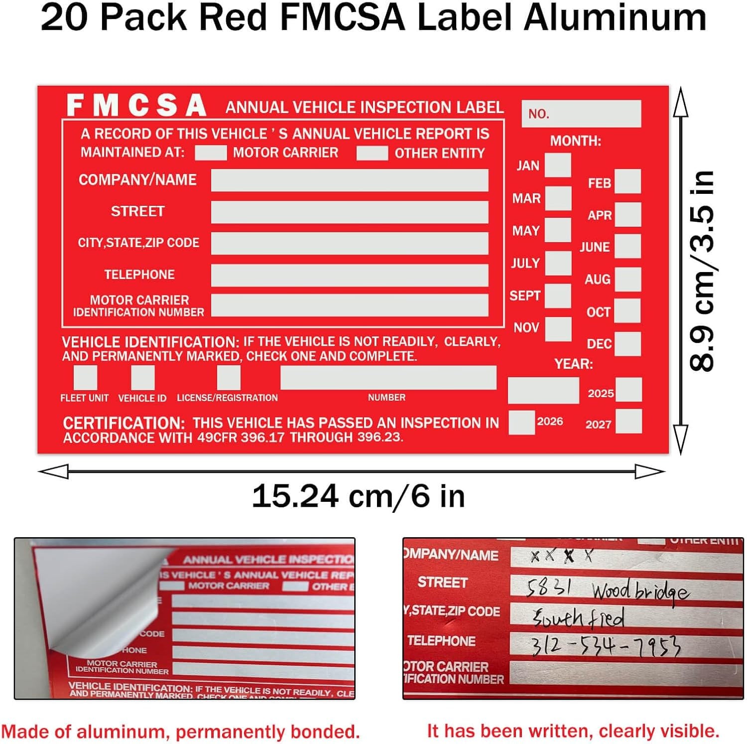 20-Pack Annual Vehicle Inspection Report Forms with Red FMCSA Aluminum Labels, 3