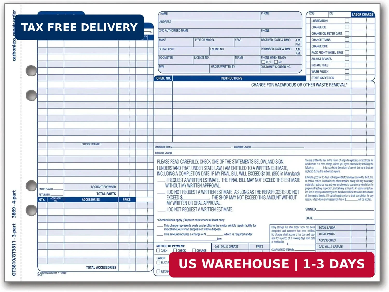 Adams Garage Repair Order Forms, 8.5 x 11.44 Inches, 3 Part, 50 Sets, White and