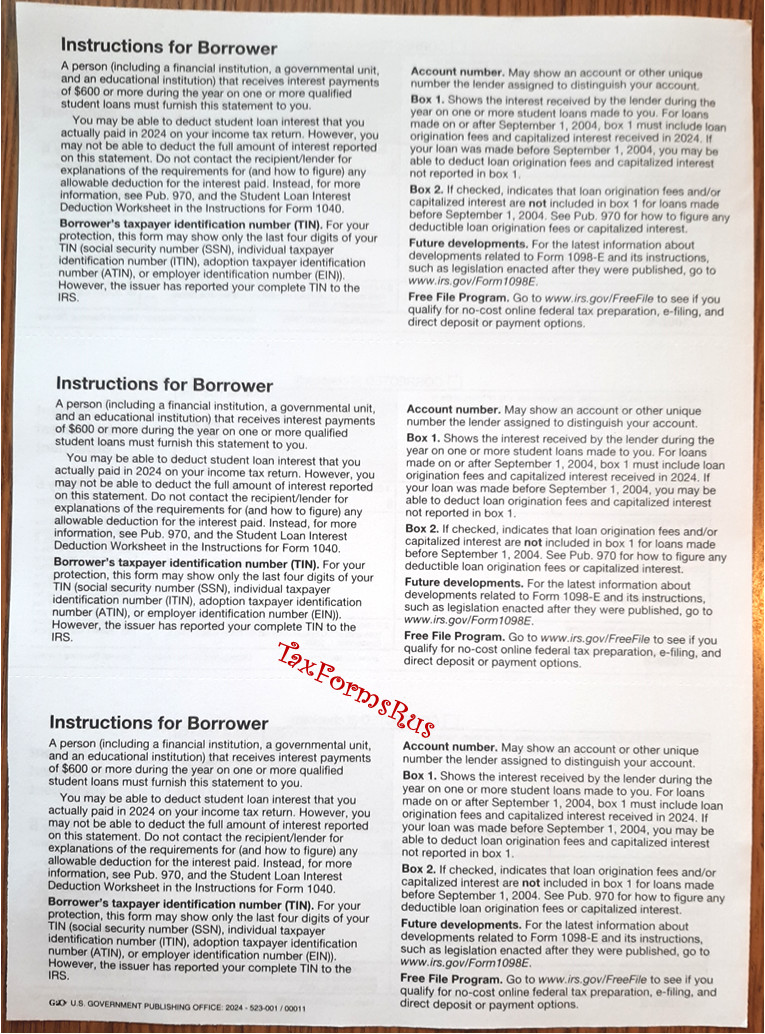 2024 IRS Tax Form 1098-E single sheet set for 3 borrowers, NONcarbonless 2pt 3up