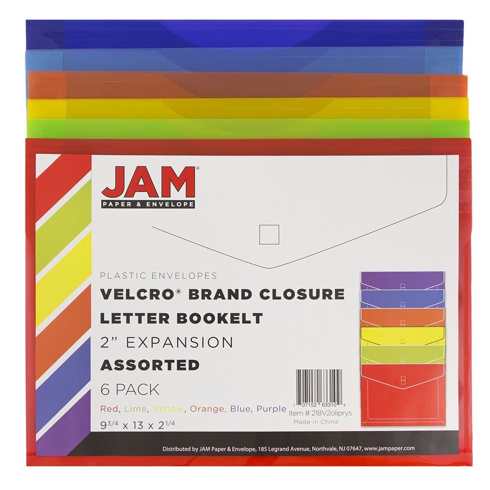 JAM PAPER Plastic Expansion Envelopes 2″ Expansion, Assorted Colors 6 Pack