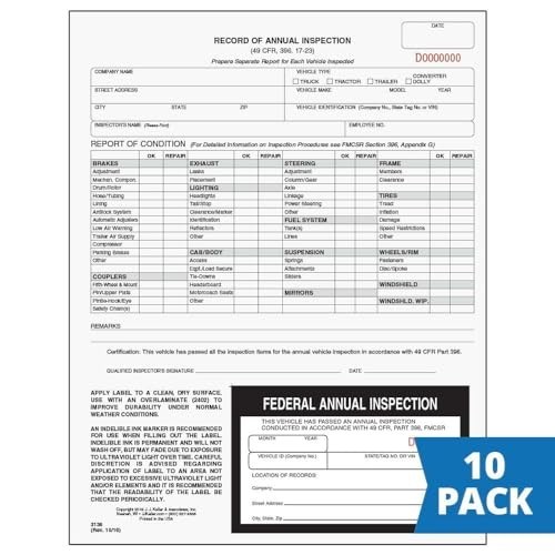 10-Pack Annual Inspection Forms with Labels, 2-Ply Carbonless, DOT Compliant