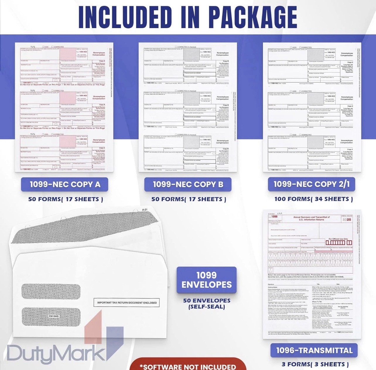 50 1099 NEC Tax Forms 2025 with Envelopes, 4 Part Legal Laser Tax Forms Kit, 50