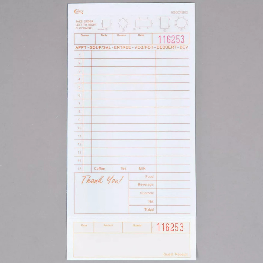 2 Part Tan and White Carbonless Guest Checks w/ Bottom Guest Receipt – 2000/Pack