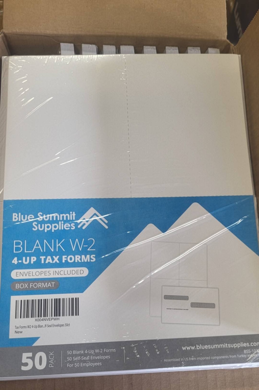Blue Summit Supplies Blank W-2 4-Up Tax Forms 50 Pack w/ Envelopes New