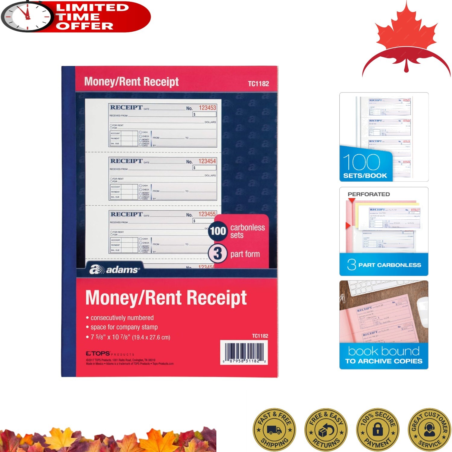 Receipt Book – 3-Part Carbonless, 100 Sets, Tape Bound, 7.63 x 11 Inch