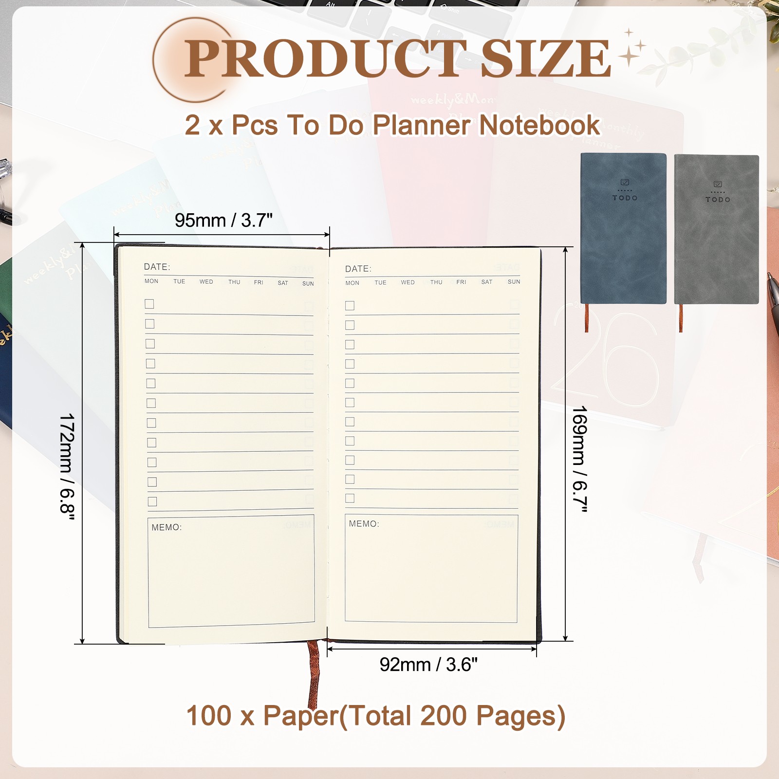 2Pcs to Do Notebook, A6 6.8 x 3.7″ Daily Planner Notebook, Grey/Dark Blue