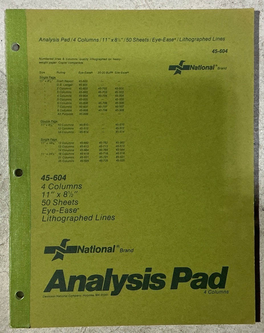 National Brand Analysis Pads 4 Column 45-604 VTG New 50 Sheets 11×8 1/2 Ledger