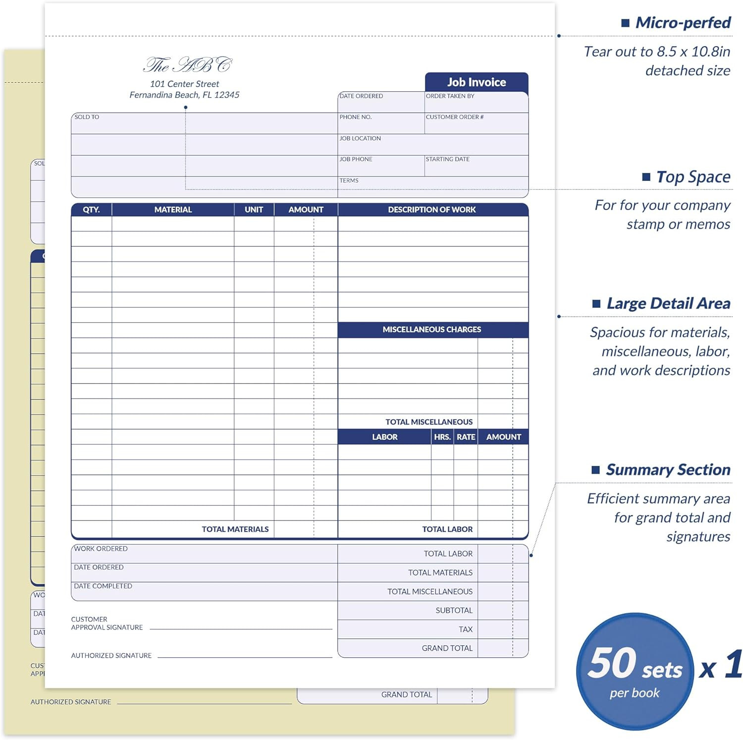 2 Part Carbonless Work Order Forms Invoice Book 50 Sets 8.5×11 Contractor
