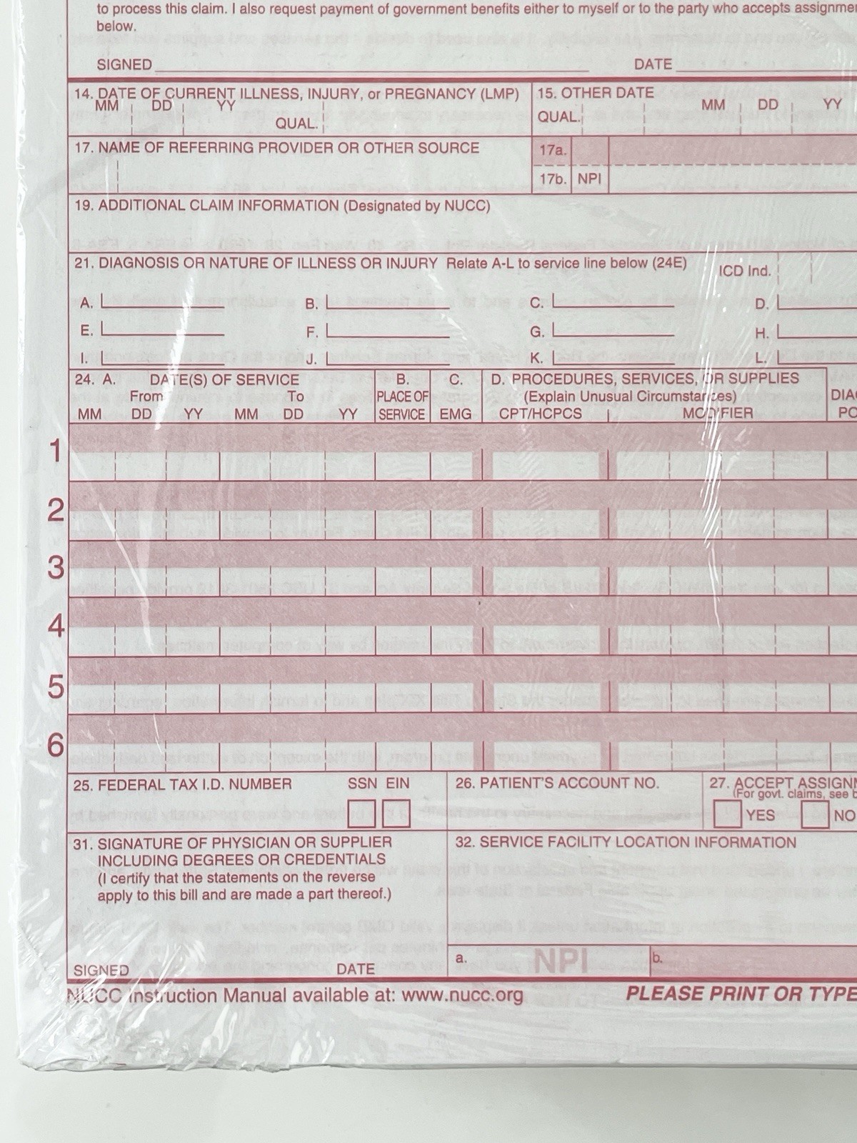 NEW CMS 1500 HCFA Health Insurance Claim Forms (Version 02/12) 500 Forms