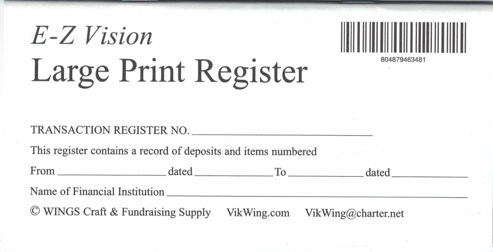 Large Print Low Vision Checkbook Transaction Registers Bank Book