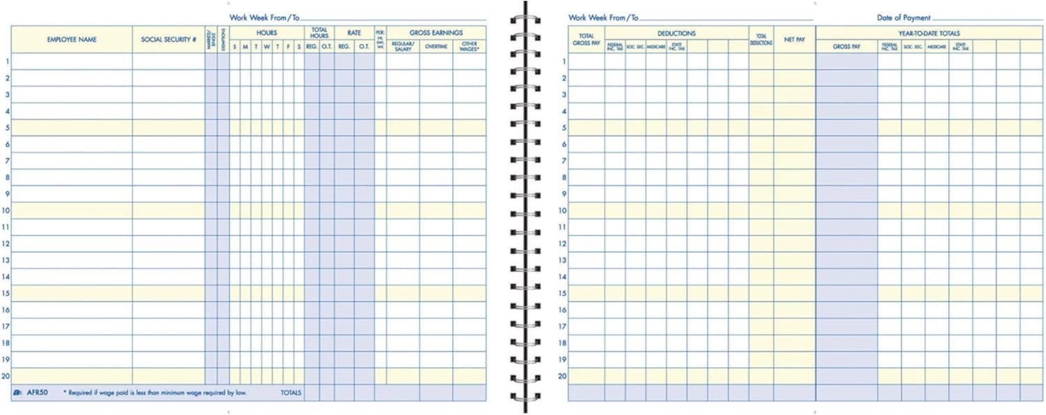 Adams Weekly Payroll Record, 20 Employee Capacity, Spiral Binding, 11 x 8.5