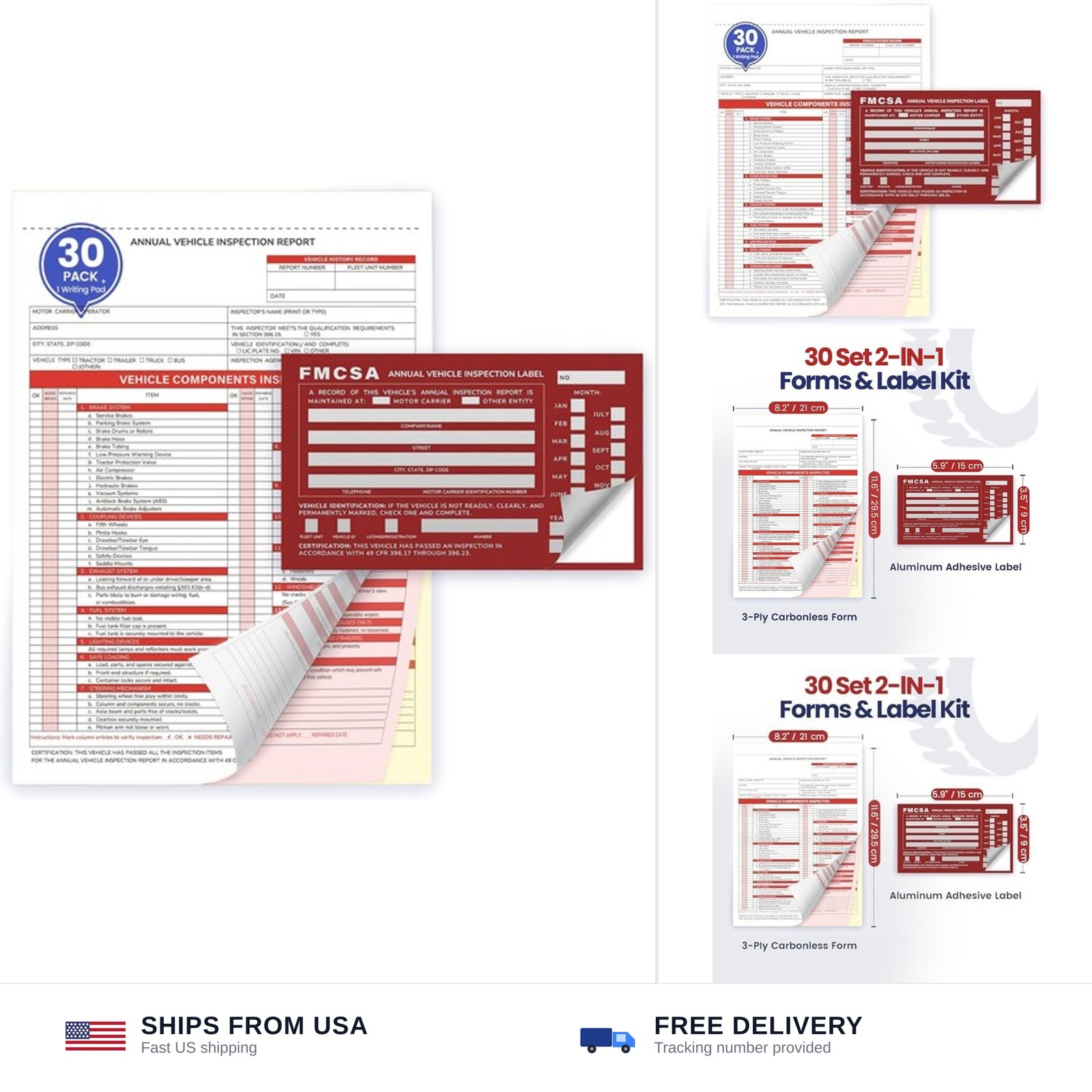 Annual Vehicle Inspection Record Kit – 3-Part NCR Forms (30 Sets) + High-Visi…