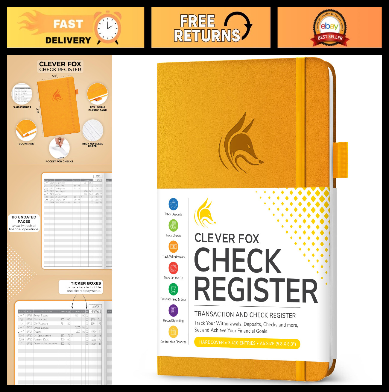 Deluxe Check Register Book – A5 Hardcover Accounting Ledger & Transaction Log –