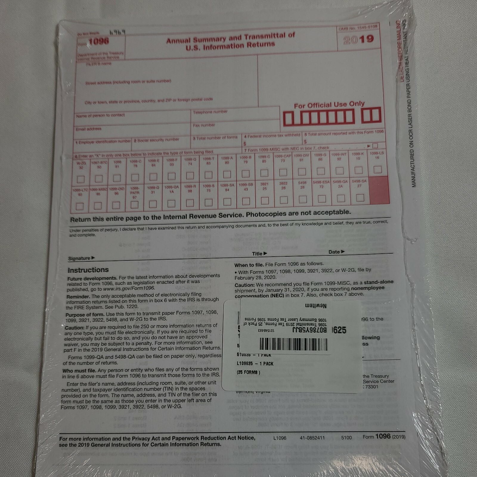 25-pack-Transmittal 2019 Tax Form 1096 Summary Laser Tax Forms 1096 Forms