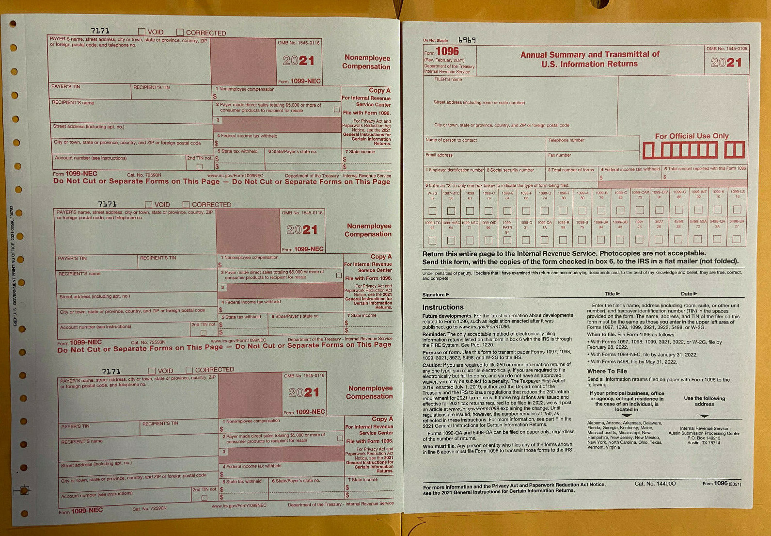 Year 2021 IRS Tax Forms 1099-NEC (15 Recipients) Non-Employee + 2 Forms of 1096