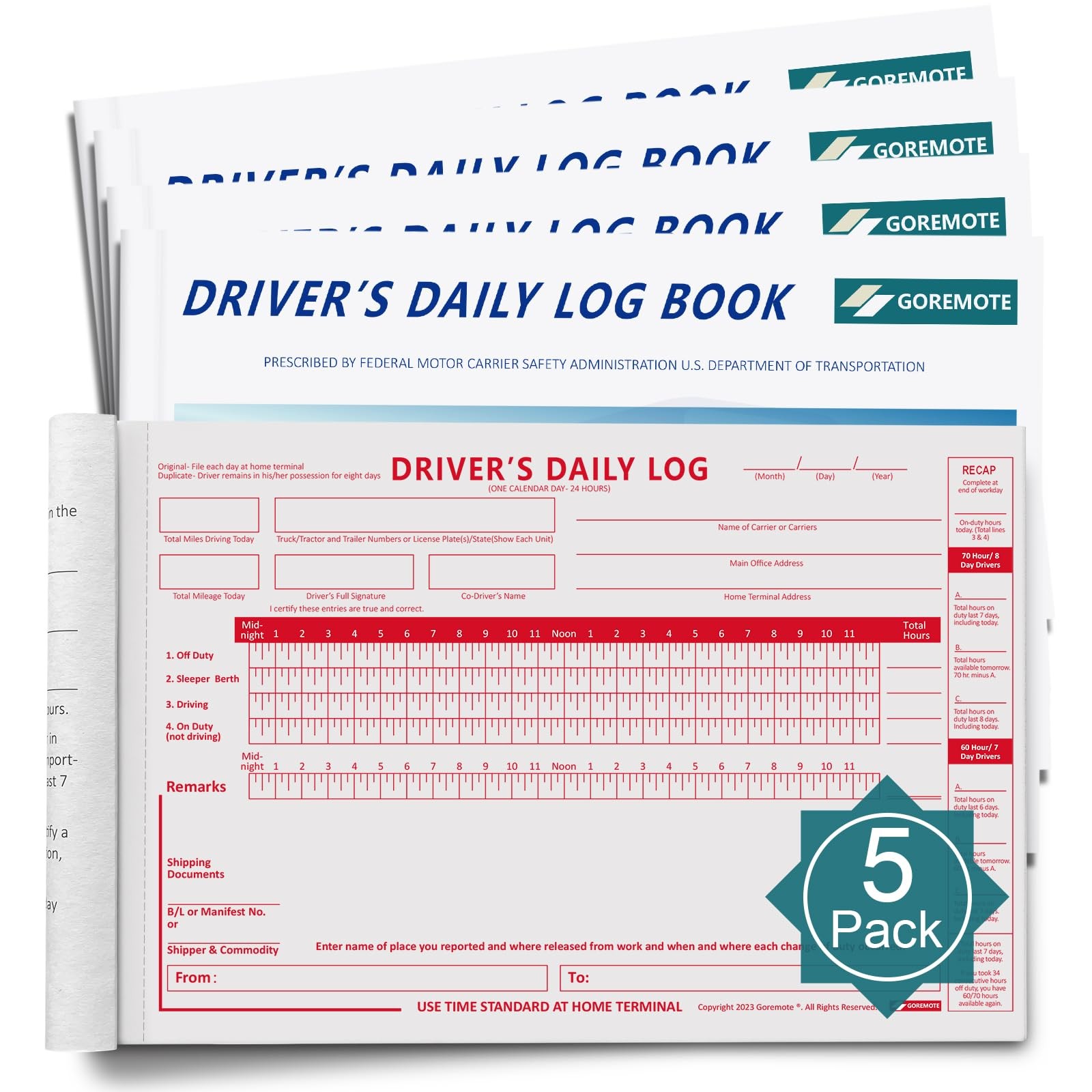 Daily Log Books for Truck Drivers with 7 & 8 Day Recap, 5 Pack, 2-Ply…