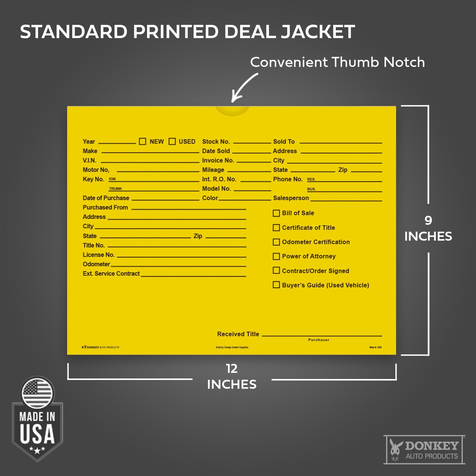 Printed Vehicle Deal Envelopes 9×12 Jackets (100 shrink One Size, Yellow