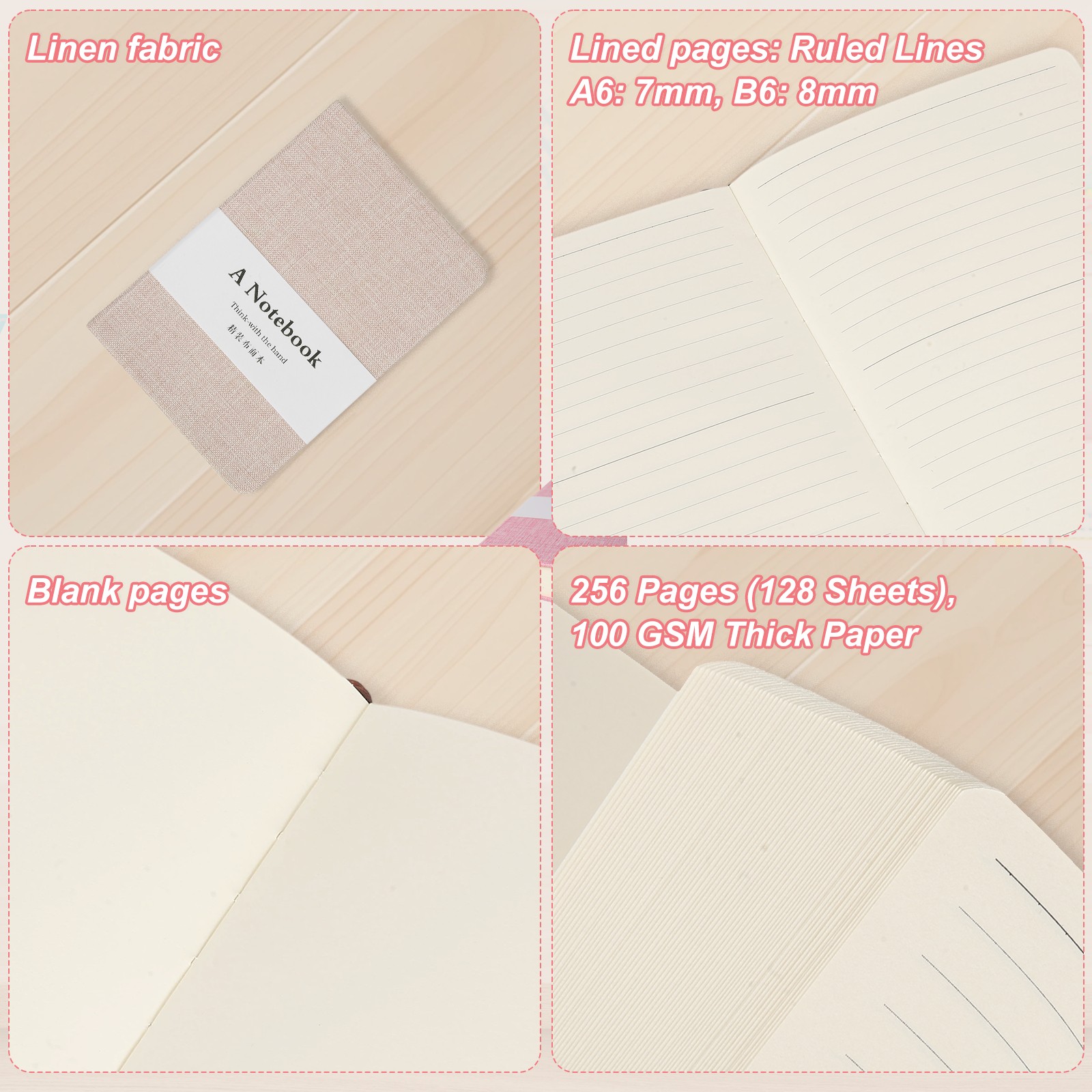 Linen Journal Notebook, 256 Pages 100 Gsm A6（3.9×5.7） Hardcover (Apricot)