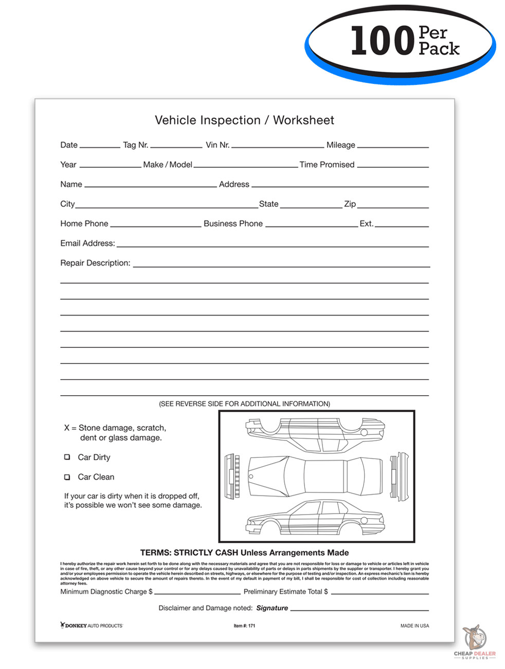 Vehicle Inspection Worksheet (Form #AVW) Car Damage Report (1 Pad of 100 Sheets)