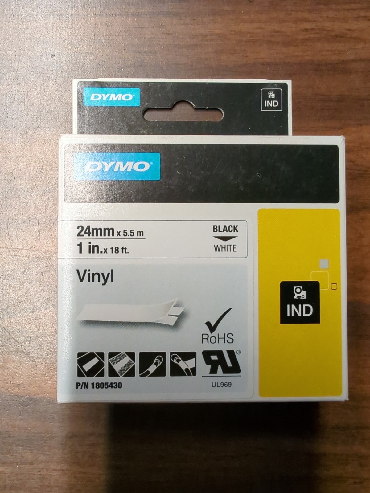 DYMO Rhino Permanent Vinyl Industrial Label Tape 1″ x 18 ft White/Black Print
