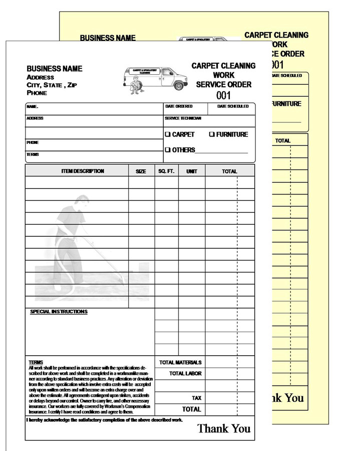 200 CARPET CLEANING WORK ORDER INVOICE – NUMBERED 2 PART CARBONLESS